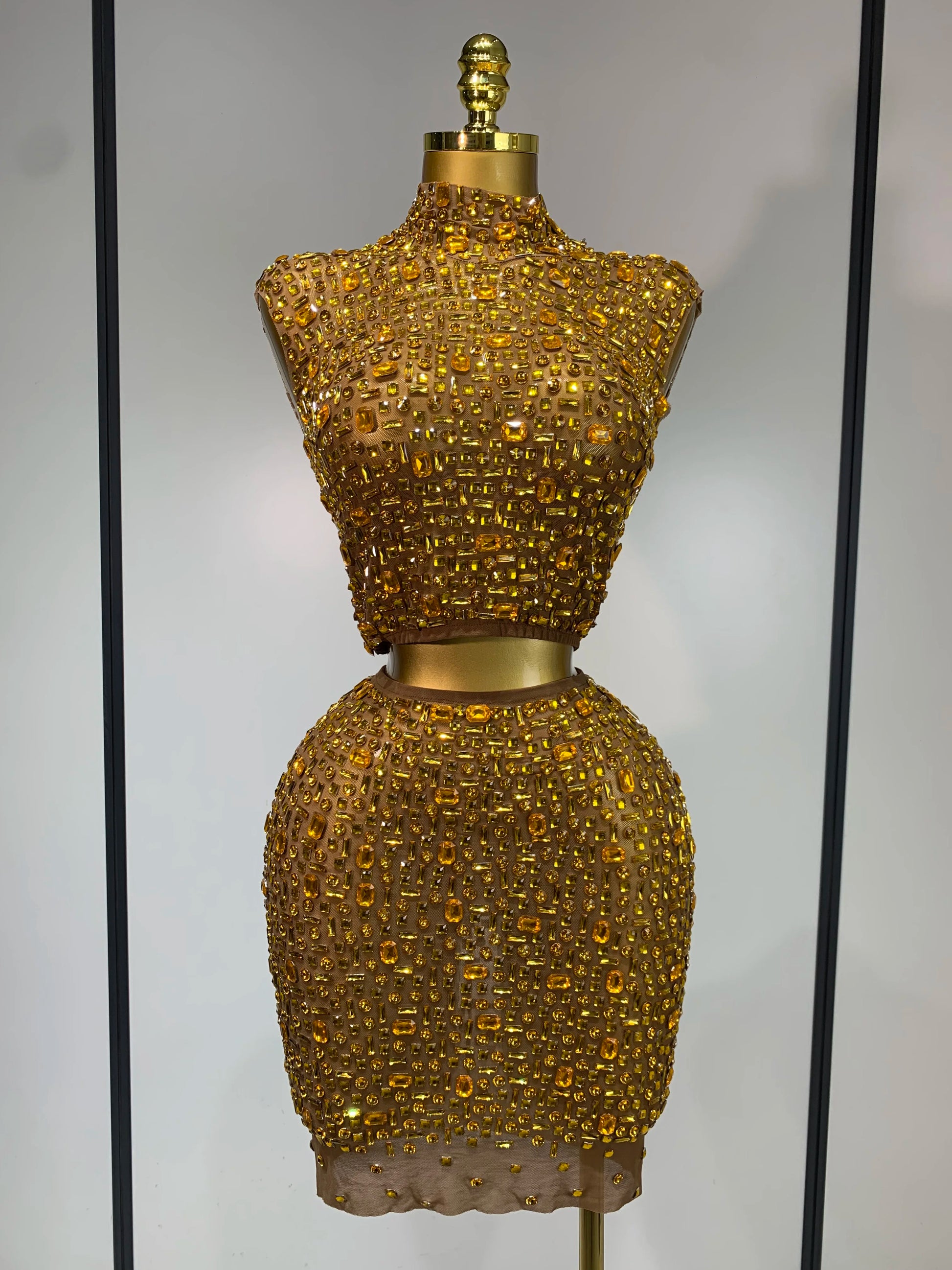 Luxury Rhinestone Mesh See Through Celebrate Birthday Dress Sparkly Top Short Skirt Two Pieces Sets Performance Stage Costume Gold