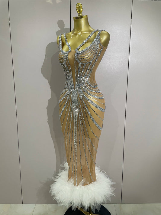 Luxury Sexy Silver Rhinestone Mesh See Through Long Dress Women Birthday Party Prom Gown Singer Nightclub Stage Costume