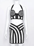 2024 Sexy Women'S Striped Short Skirt Set Hanging Neck Style Sleeveless Backless Ultra Short Vest Top+Mini Skirt Two-Piece Set