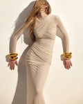 High Quality Brown Khaki Color Women Long Sleeve Sexy Mesh Bodycon Long Maxi Dress Runway Fashion Celebrate Evening Dress