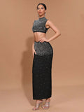 Sexy Women'S Light Luxury Hot Stamping Design Long Skirt Bandage Set O-Neck Sleeveless Ultra Short Top+Skirt Two-Piece Set