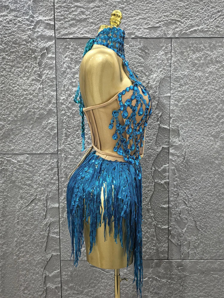 Women Sexy Shinning Crystal Sequisn Tassels 2 Pieces Bodycon Mini Dress Nightclub Party Bar Dancer Performance Costume