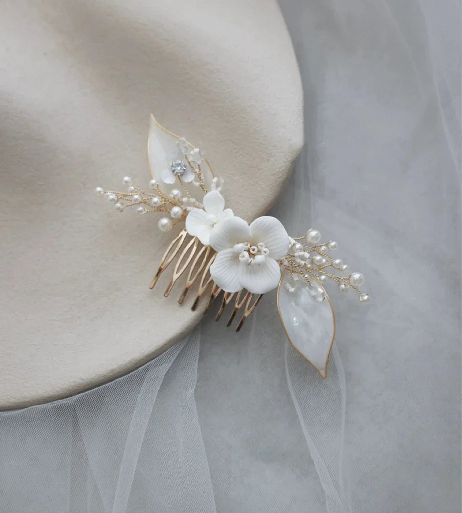 Bridal Jewelry Porcelain Flower Hairpin Gold Color Head Piece For Bridesmaids Bride Pearl Hair Comb Pin Clip Wedding Accessories