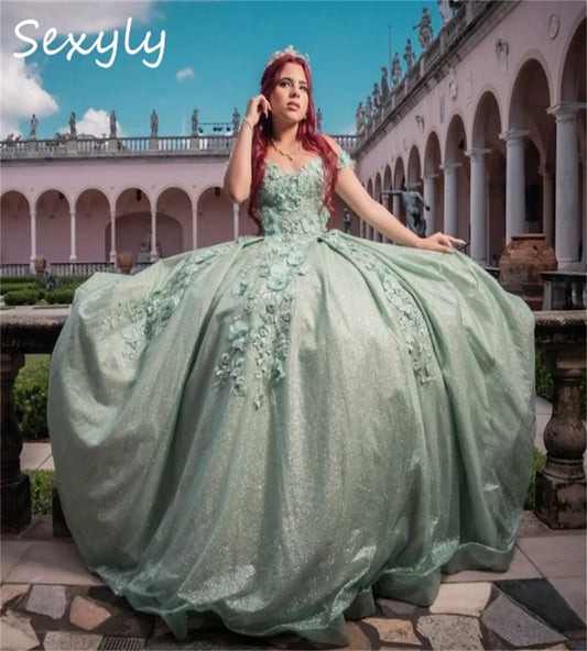Sage Green Quinceanera Dress Sparkly Florals Off Shoulders Lace Up Fifteen Formal Occasion Party Gowns Princess Prom Customized black