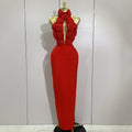 Women Celebrity Sexy Halter Backless Flower Long Bandage Bodycon Dress Luxury Birthday Dress Elegant Evening Party Outfit Red