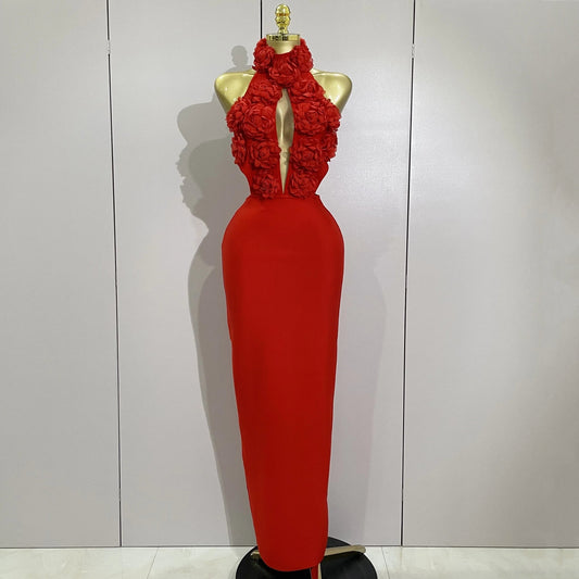 Women Celebrity Sexy Halter Backless Flower Long Bandage Bodycon Dress Luxury Birthday Dress Elegant Evening Party Outfit Red