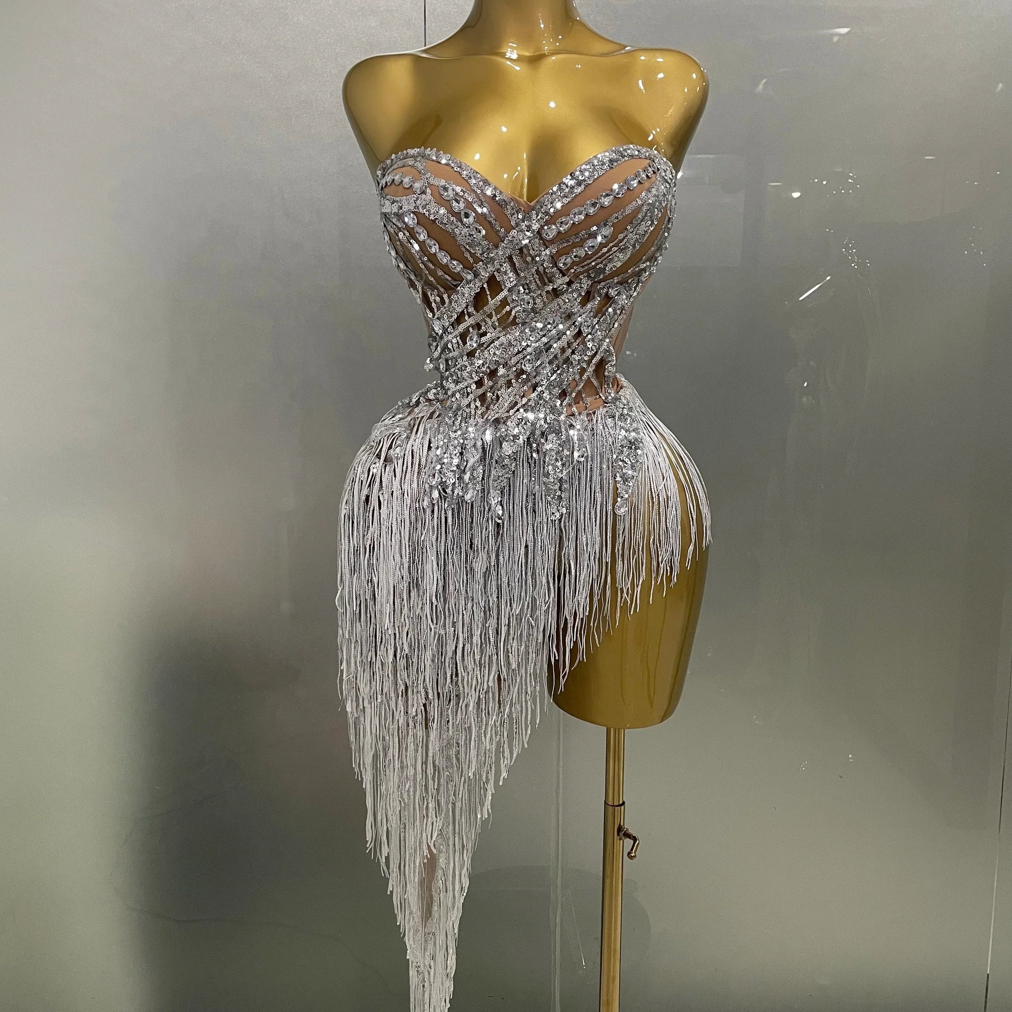 Sparkly Rhinestone Sequin Tassel Sexy Mini Skirt Two Pieces Set Women Birthday Celebrate Party Nightclub Stage Costume Silver