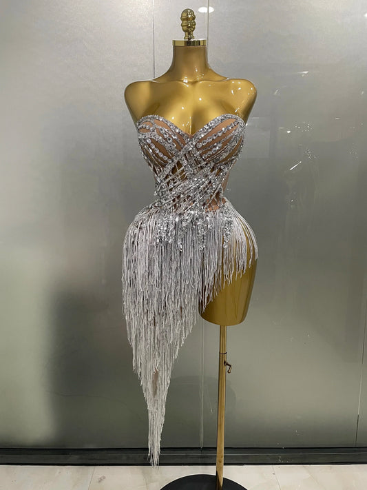Sparkly Rhinestone Sequin Tassel Sexy Mini Skirt Two Pieces Set Women Birthday Celebrate Party Nightclub Stage Costume Silver
