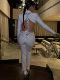2024 Women Bandage Long Pants Set With Lapel Long Sleeved Nail Bead Design Backless Sexy Ultra Short Jacket+Pants Two-Piece Set