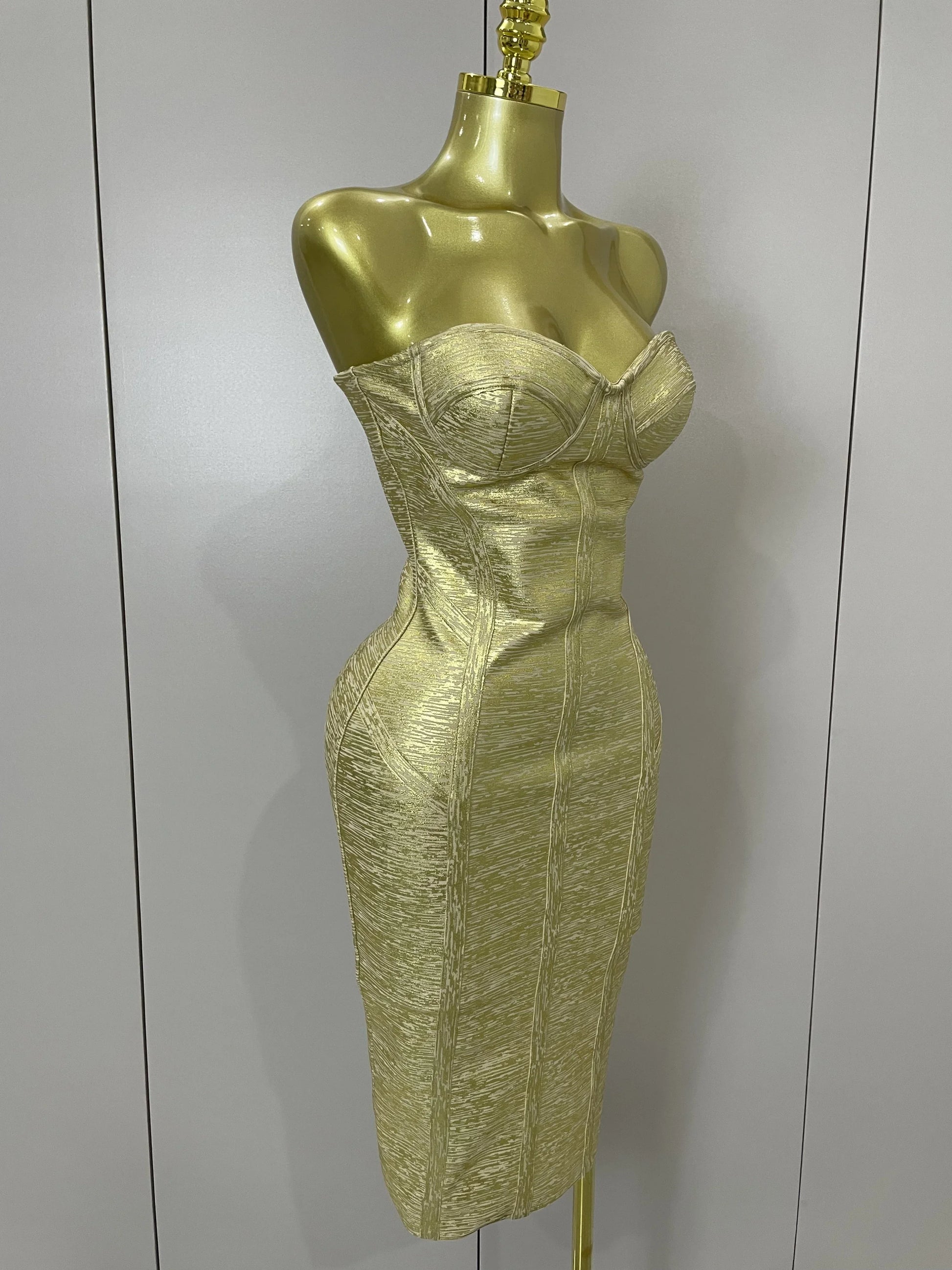 Sexy Strapless Gold Black Foil Color Bodycon Bandage Dress Women Fashion Celebrate Evening Party Luxury Birthday Dresses