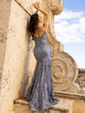 Grey Sequins فساتين السهرة Mermaid Prom Dress Luxury Lace Embroid Trumpet Vestidos De Noche Sexy فساتين مناسبة رسمية