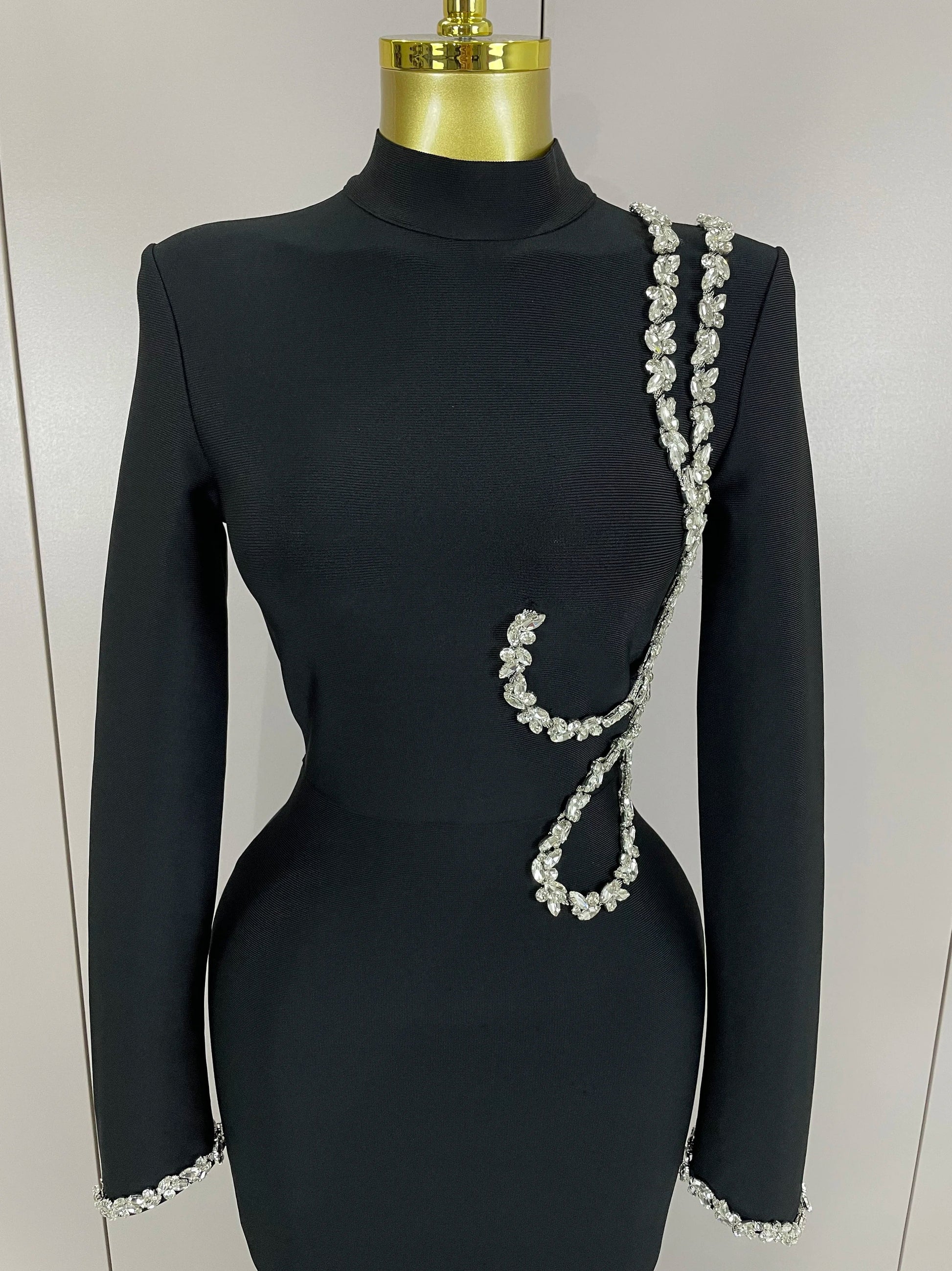 Sexy Long Sleeve Diamonds Maxi Long Bodycon Bandage Dress Women Celebrity Elegant Evening Party Luxury Birthday Dresses