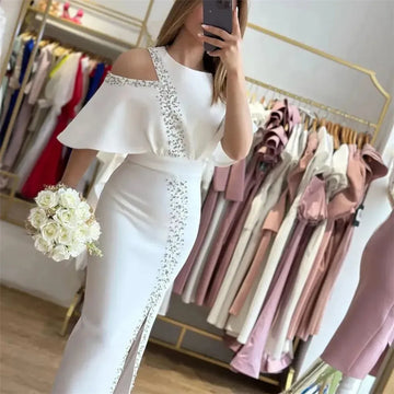 Modest Saudi Arabic O-Neck Cap Sleeve Sequined Side Slit Evening Dress for Dubai Party Prom White