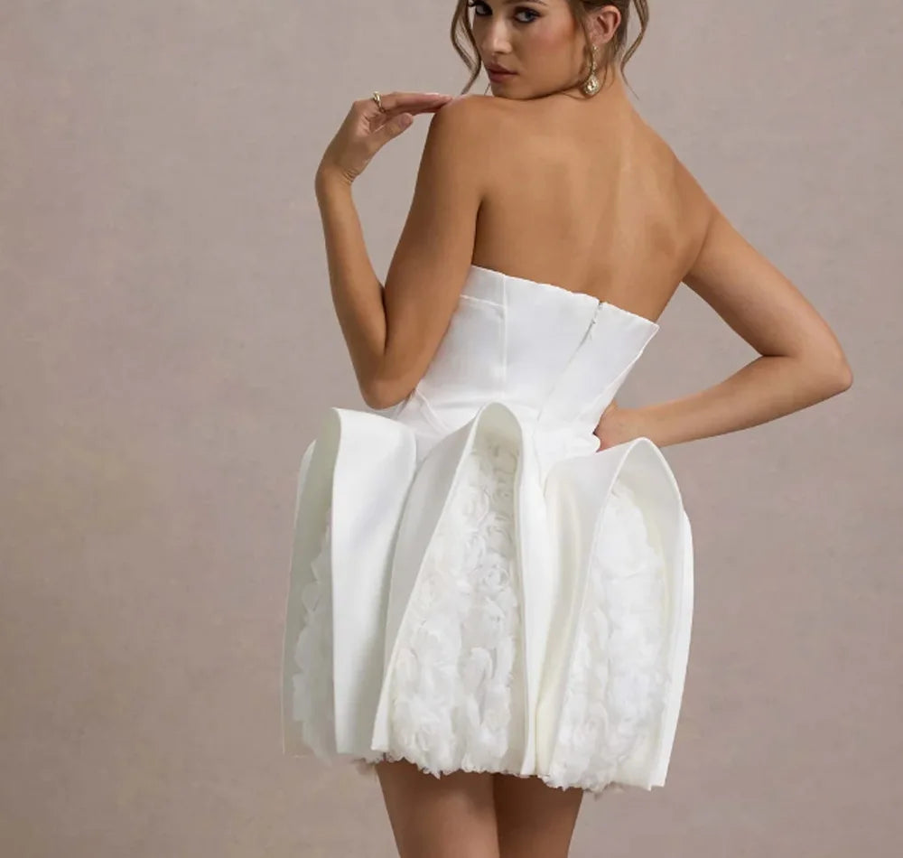 White Color Women Sexy Strapless Florals Bodycon Mini Dress Cute Girls' Birthday Party Celebrate Wedding Outfit