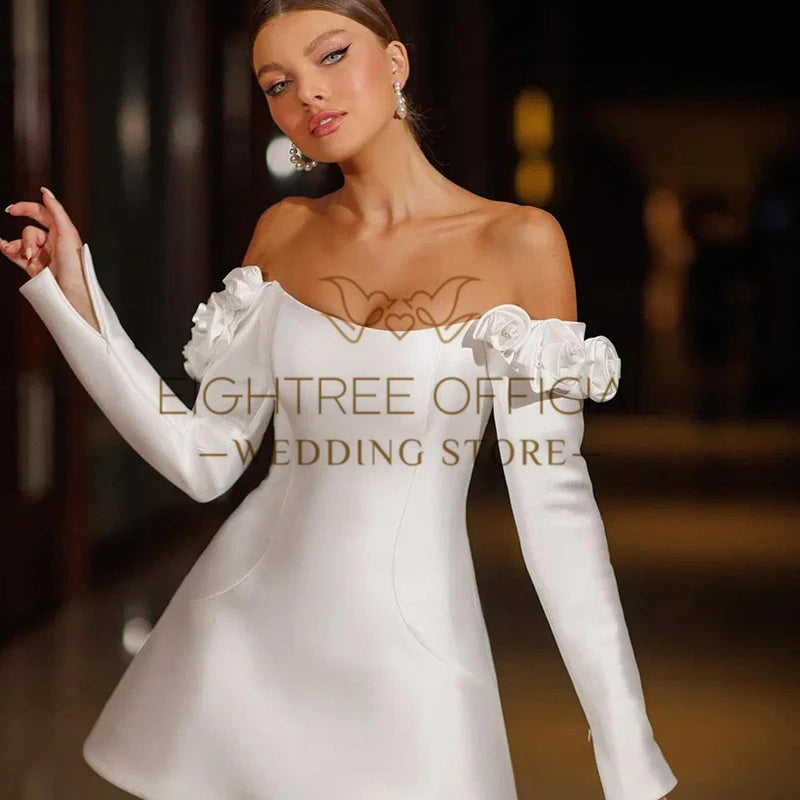 Formal Mini Wedding Dresses Women White Long Sleeve Short Satin Wedding Gowns Saudi Arabia Bridal Prom Dress Customized