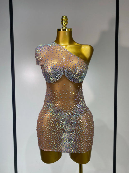 Sparkly Rhinestones Women Sexy One Shoulder Bodycon Mini Dress Mesh See Through Celebrate Nightclub Party Birthday Stage Outfit Khaki