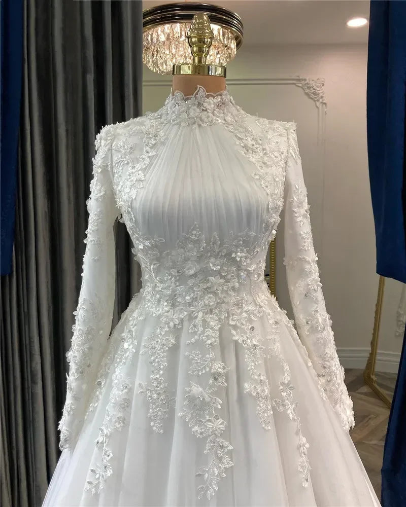 customized Muslim Wedding Dresses For Woman Appliques Flowers Arabic Dubai Long Sleeves Bridal Dress Tulle Robe De Mariage