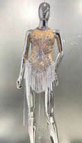 Women Sexy Mesh Shinning Sequins Tassel Bodycon Bodysuit Nightclub Party Birthday Performance Costume Stage Wear