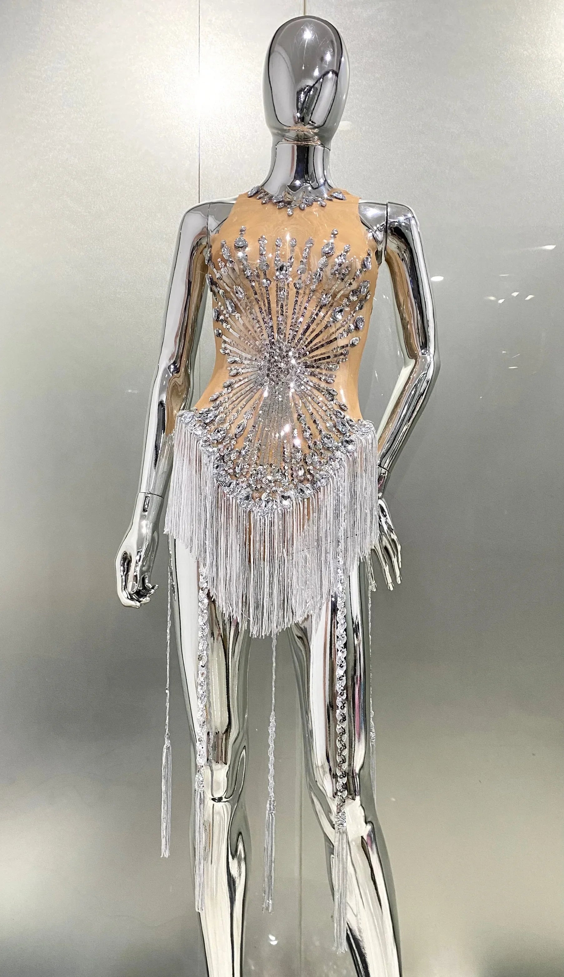 Women Sexy Mesh Shinning Sequins Tassel Bodycon Bodysuit Nightclub Party Birthday Performance Costume Stage Wear