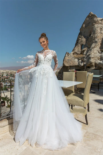 A-Line Lace Appliques Tulle Wedding Dress Scoop Neck Full Sleeves Open Back Sweep Train Bridal Gown Vestido De Novia Custom Made