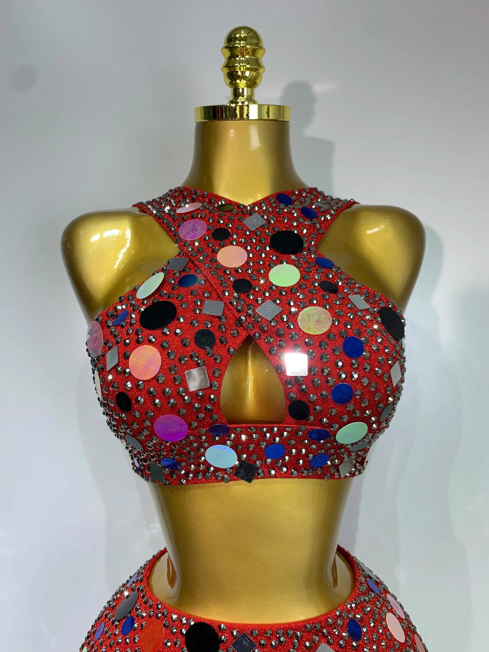 Luxury Rhinestone Sequin Sexy Two Piece Set Fashion Nightclub Sparkly Perform Stage Costume Birthday Dress