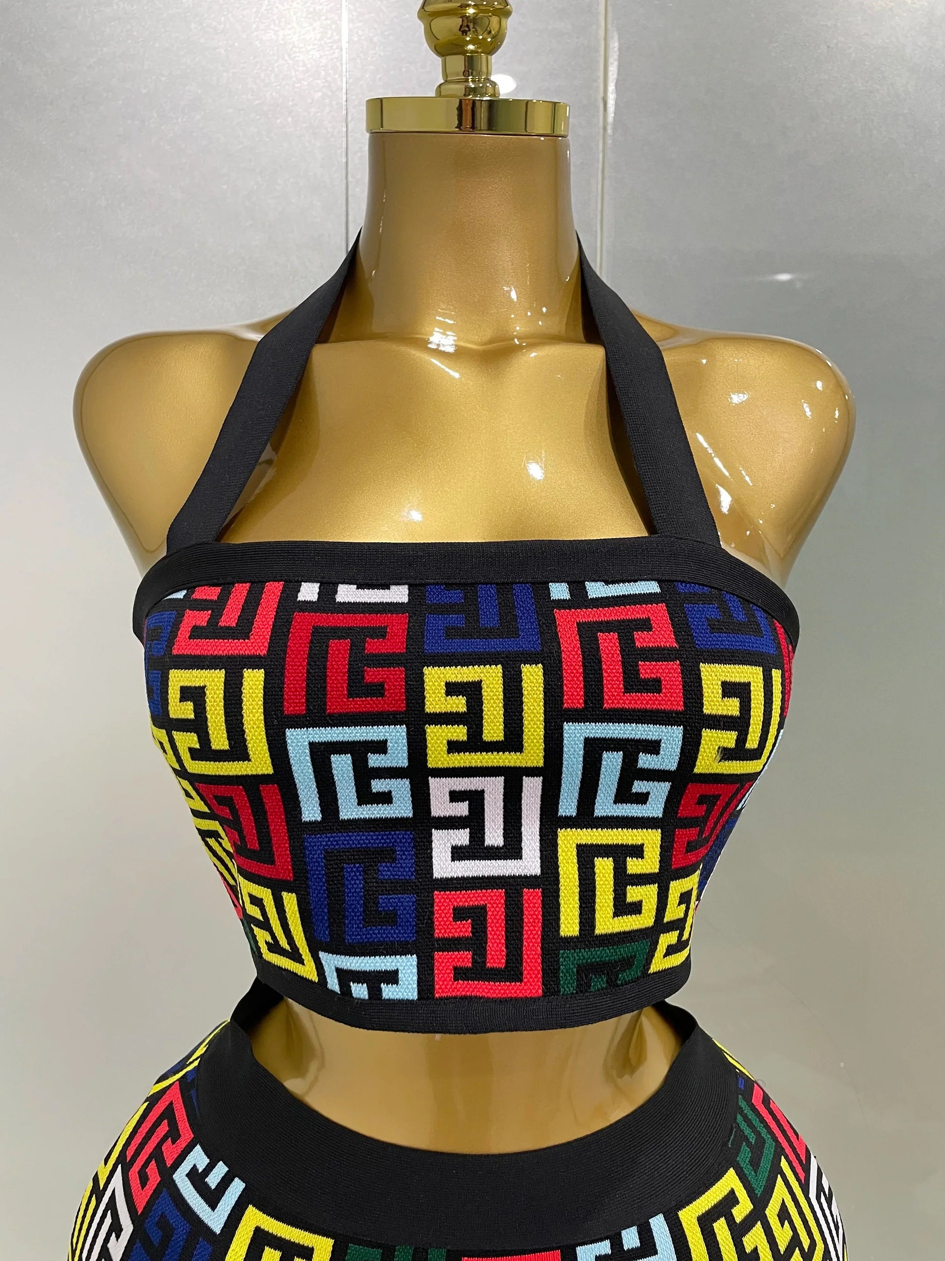 Women Sexy Backless Halter Jacquard Two Piece Mini Skirt Bandage Set Celebrity Designer Evening Party Women's Set