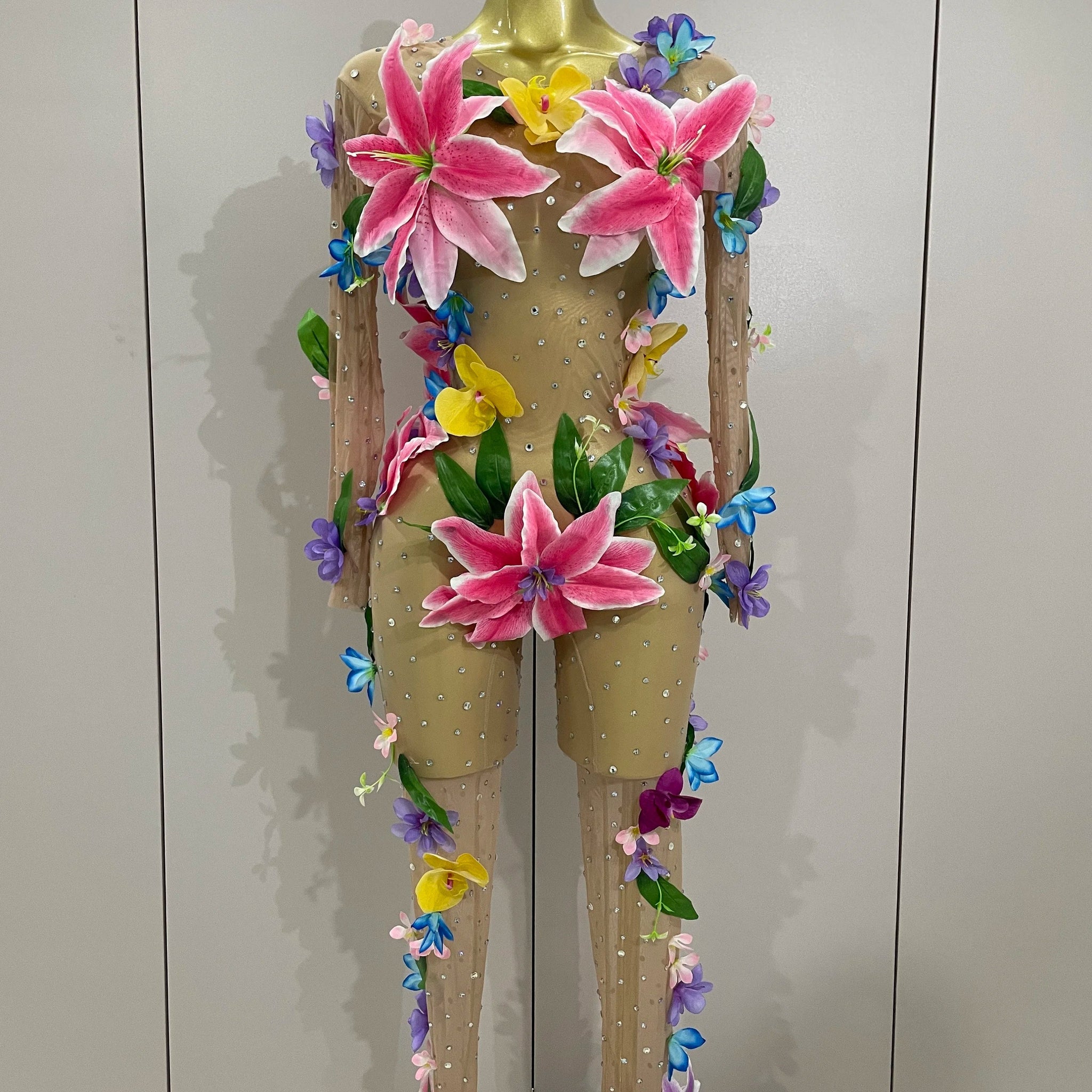 Sparkly Rhinestones 3D Flower Nude Mesh Transparent Jumpsut Women Evening Party Birthday Nightclub Performance Stage Costume MULTI