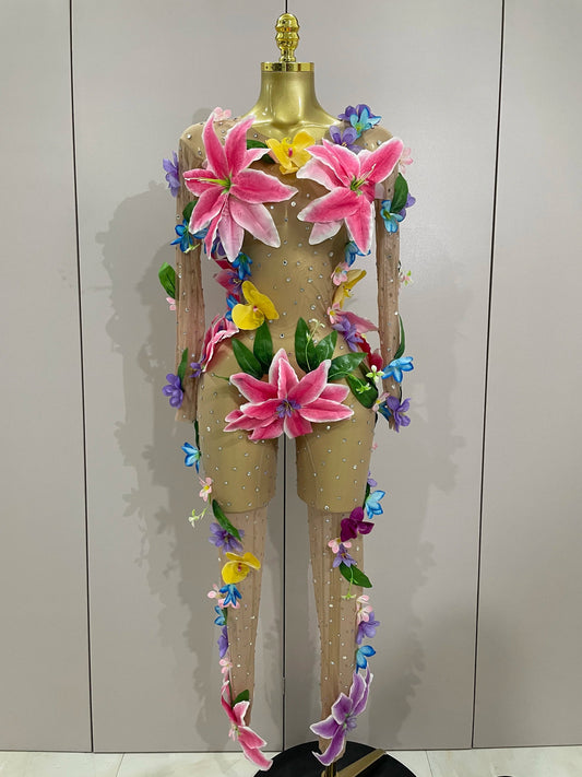 Sparkly Rhinestones 3D Flower Nude Mesh Transparent Jumpsut Women Evening Party Birthday Nightclub Performance Stage Costume MULTI