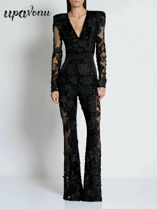 Sexy Women's Light Luxury Embroidered Hot Diamond Patchwork Design jumpsuit V-neck Long sleeved Evening Party Horn jumpsuit