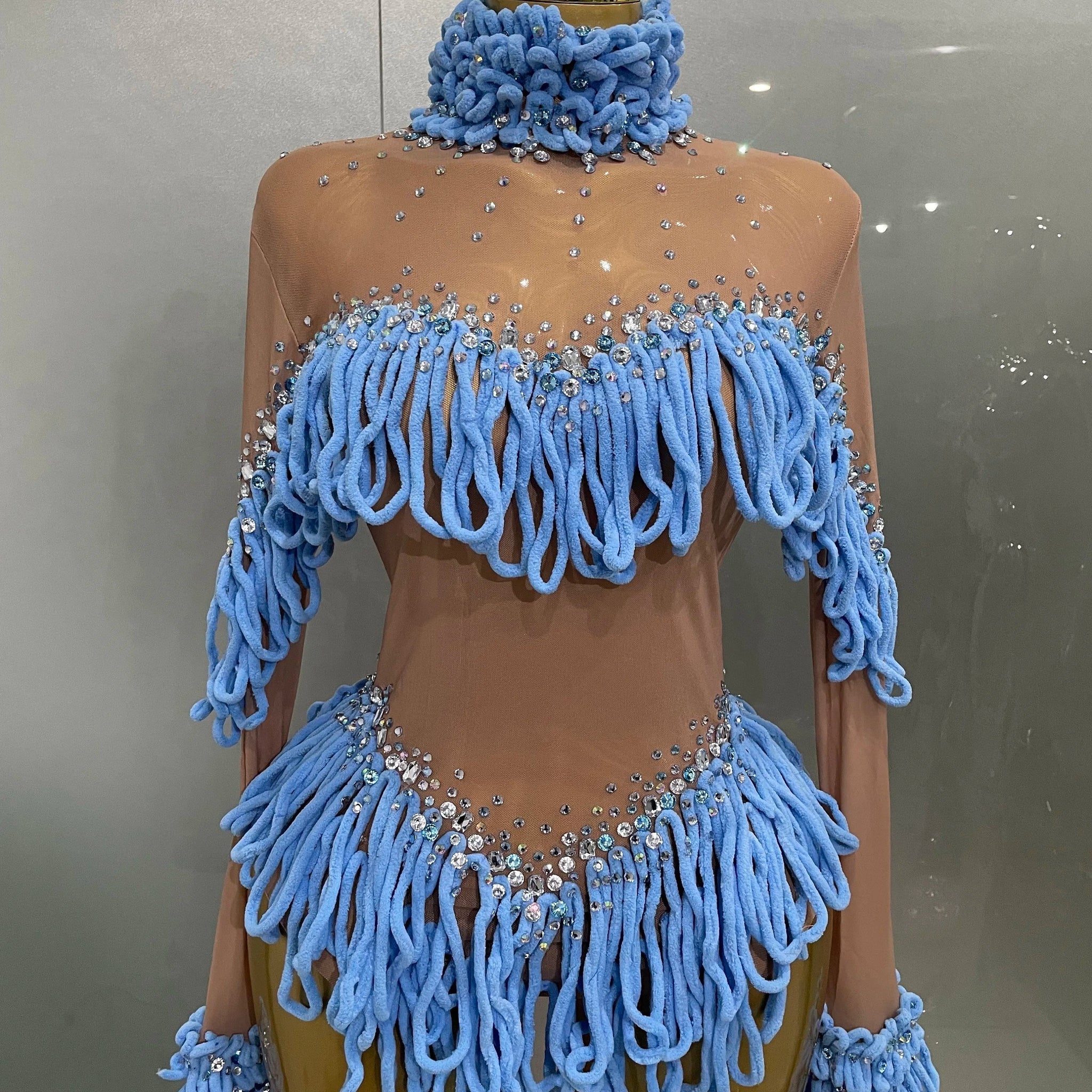 Women Shining Rhinestones Sexy Mesh Tassels Bodysuit Birthday Party Club Performance Dance DJ Leotard Show Stage Wear SKY BLUE