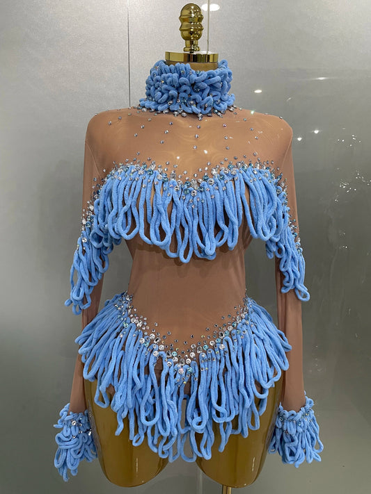 Women Shining Rhinestones Sexy Mesh Tassels Bodysuit Birthday Party Club Performance Dance DJ Leotard Show Stage Wear SKY BLUE