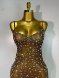 Sparkly Rhinestone Stretchy Mesh See Through Dress Women Performance Dancer Costume Luxury Birthday Nightclub Stage Outfit