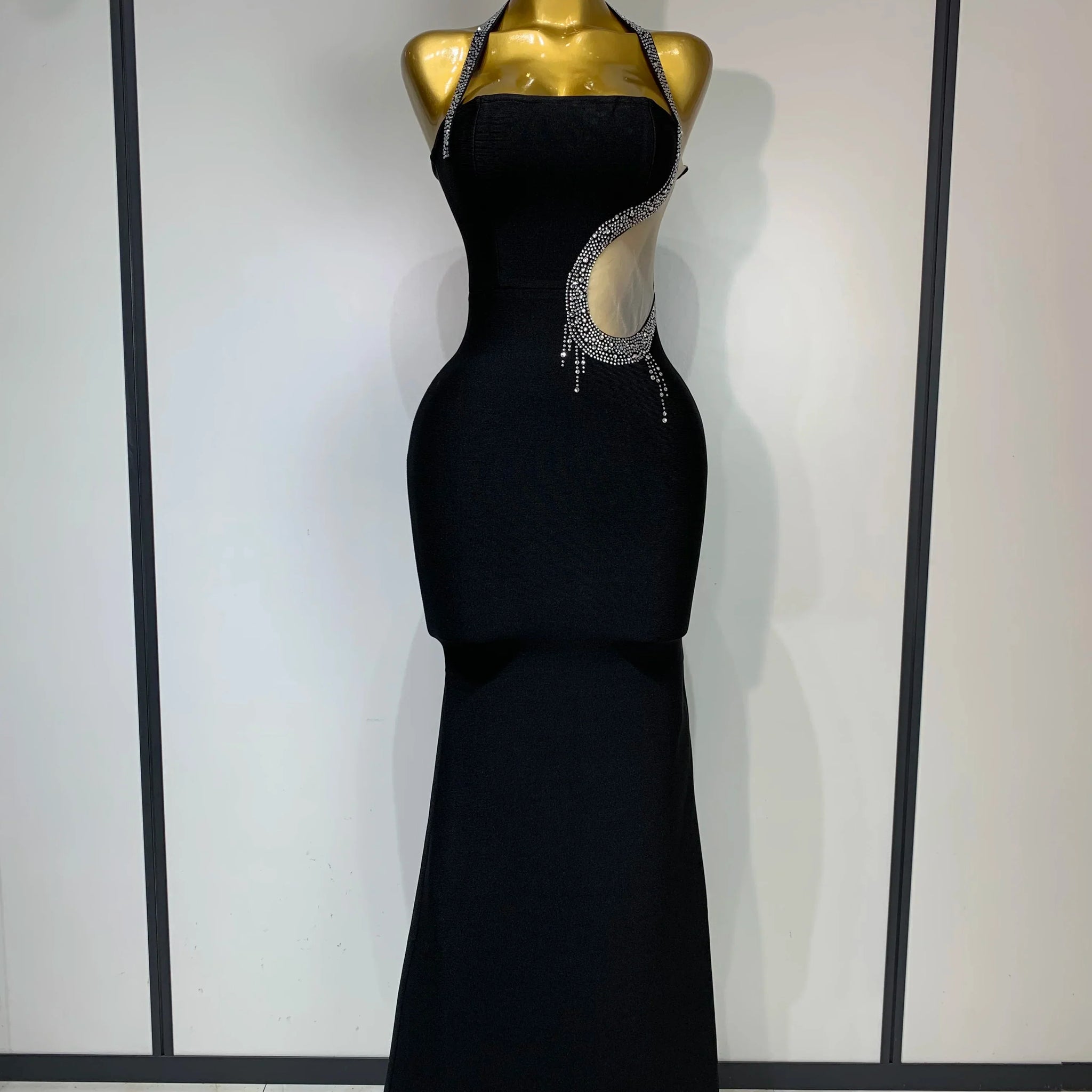 Women Sexy Rhinestone Halter Long Bandage Bodycon Dress Celebrity Elegant Evening Party Luxury Birthday Wedding Dresses black