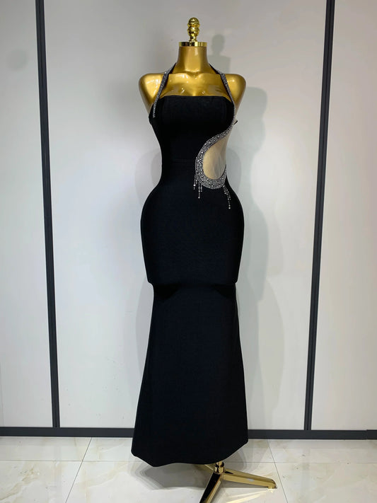 Women Sexy Rhinestone Halter Long Bandage Bodycon Dress Celebrity Elegant Evening Party Luxury Birthday Wedding Dresses black