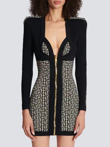 Black Color Women Long Sleeve Sexy Front Zipper Bodycon Mini Dress Rayon Bandage Fashion Runway Show Evening Dress