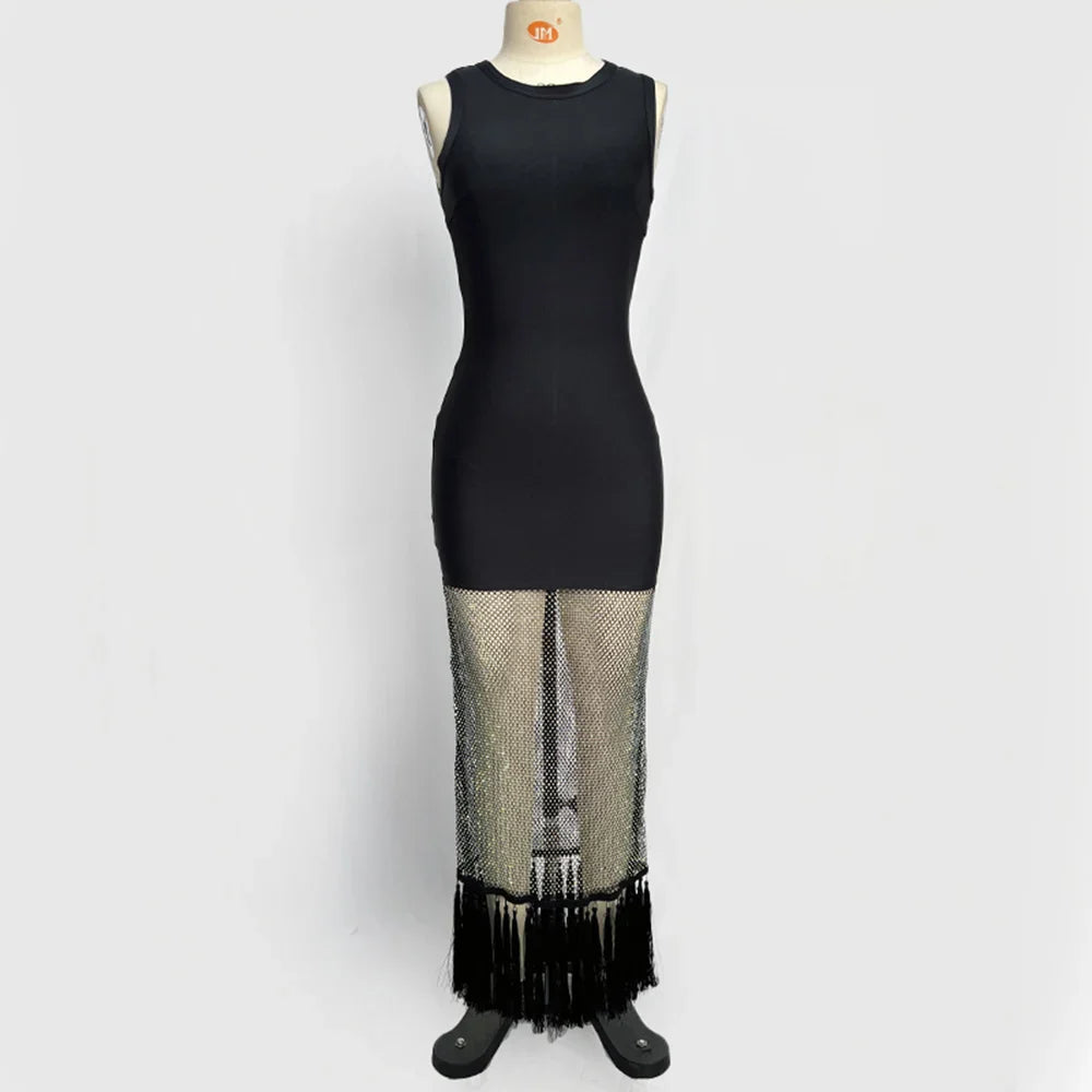 Black tassels Evening Party bandage Long Dresses Elegant Sleeveless Diamond Mesh Patchwork Maxi Dress Women Summer Vestidos black