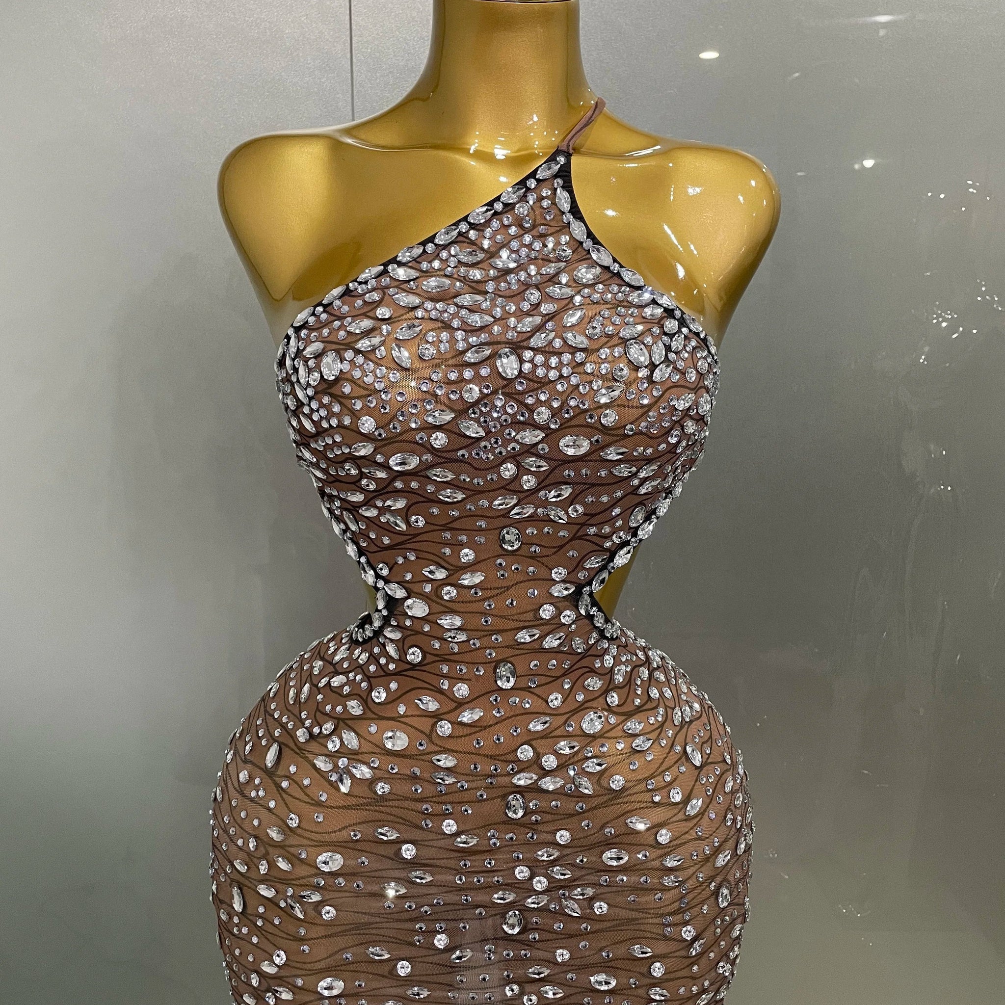 Sexy Shiny Diamond Hollow Out Backless Short Dress Women Evening Celebrate Prom Birthday Party Nightclub Stage Costume Dark Brown