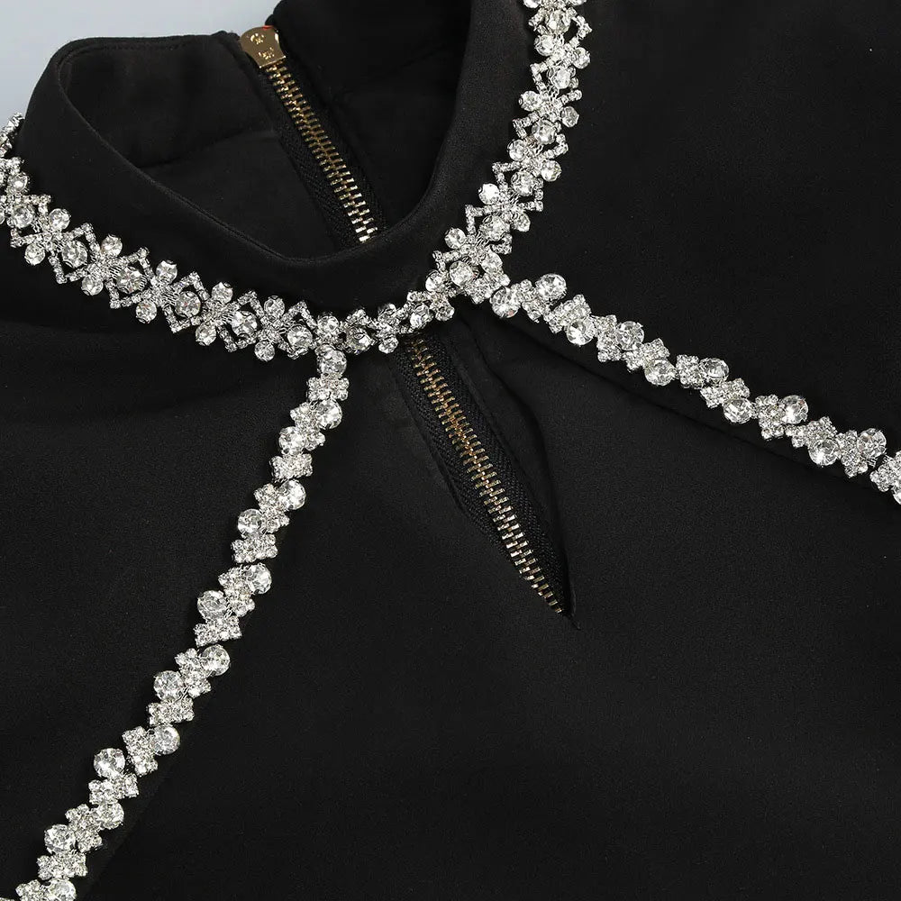 Light Luxury Water Diamond Mini Dress Stand Collar Long Sleeve Bodycon Asymmetric Dress Cocktail Evening Club Party Vestido