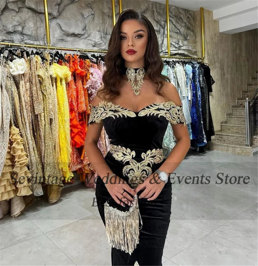 Elegant Black Mermaid Kaftan Evening Dress Off The Shoulder Lace Appliques Prom Gown Floor Length Algerian Outfit