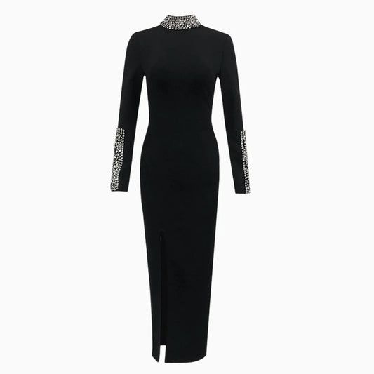 Red Black Color Women Long Sleeve Shinning Crystal Bodycon Long Bandage Dress Elegant Celebrate Evening Party Cocktail Dress