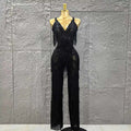 Black Color Women Sleeveless Sexy V-Neck Shinning Tassels Bodycon Jumpsuit Celebrate Birthday Party Peformance Stage Wear black
