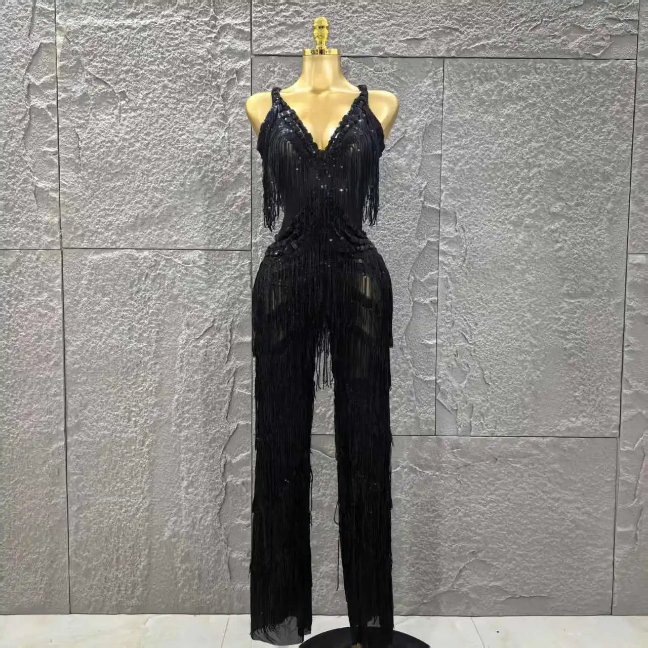 Black Color Women Sleeveless Sexy V-Neck Shinning Tassels Bodycon Jumpsuit Celebrate Birthday Party Peformance Stage Wear black