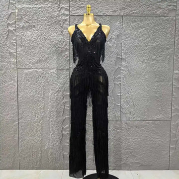 Black Color Women Sleeveless Sexy V-Neck Shinning Tassels Bodycon Jumpsuit Celebrate Birthday Party Peformance Stage Wear black