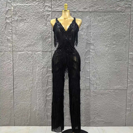 Black Color Women Sleeveless Sexy V-Neck Shinning Tassels Bodycon Jumpsuit Celebrate Birthday Party Peformance Stage Wear black