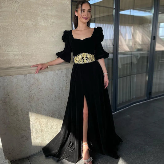 Black Prom Dress A-Line Puff Sleeves Lace Appliques Formal Evening Dress High Slit Floor Length Kafeta Party Gowns Black