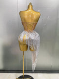 Sparkly Rhinestone Sequin Tassel Sexy Mini Skirt Two Pieces Set Women Birthday Celebrate Party Nightclub Stage Costume