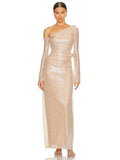 Sexy Women's 3D Flower Shining Glitter Maxi Dress with Diagonal Collar Long Sleeve Bodycon Long Dress Evening Club Vestidos
