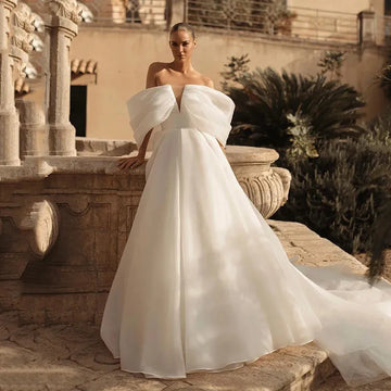 Women’s A-Line Off-the-Shoulder Wedding Dress with Sweep Train, Customizable Formal Bridal Gown in Luxurious Fabric Custom Color