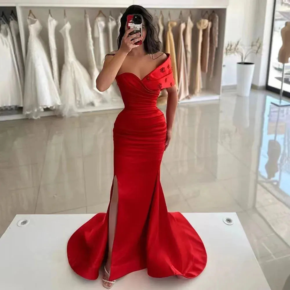 Satin Off-the-shoulder Beading Red Mermaid Evening Dress With Belt