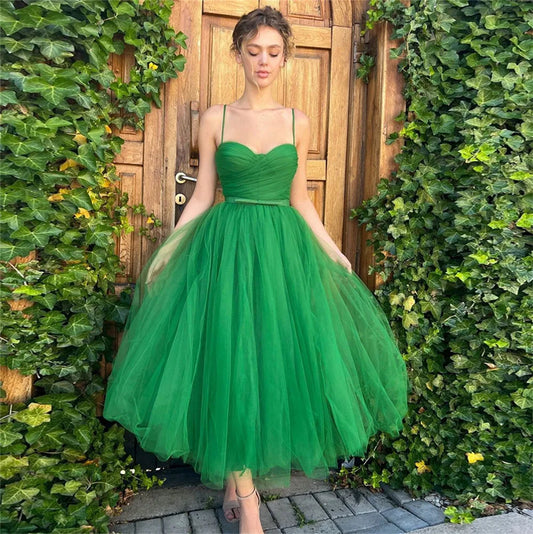 Hearty Tulle Prom Dress A-Line Spaghetti Strap Sweetheart Pleat Ruched Homecoming Dresses vestidos de graduación Green